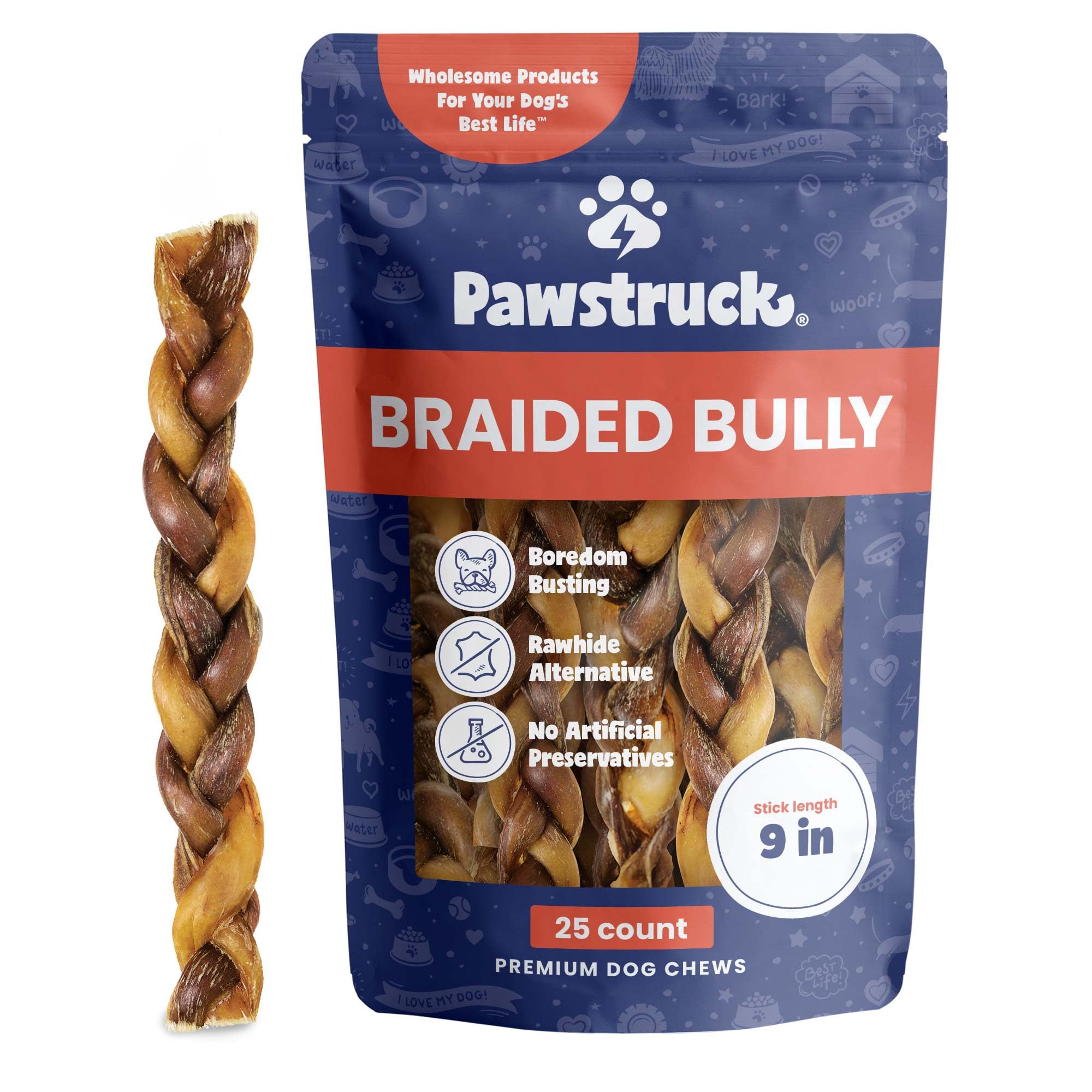 Pawstruck Natural 9-inch braided bully stick packaging for long-lasting chew sessions