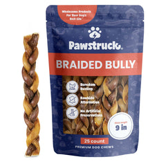 Pawstruck Natural 9-inch braided bully stick packaging for long-lasting chew sessions