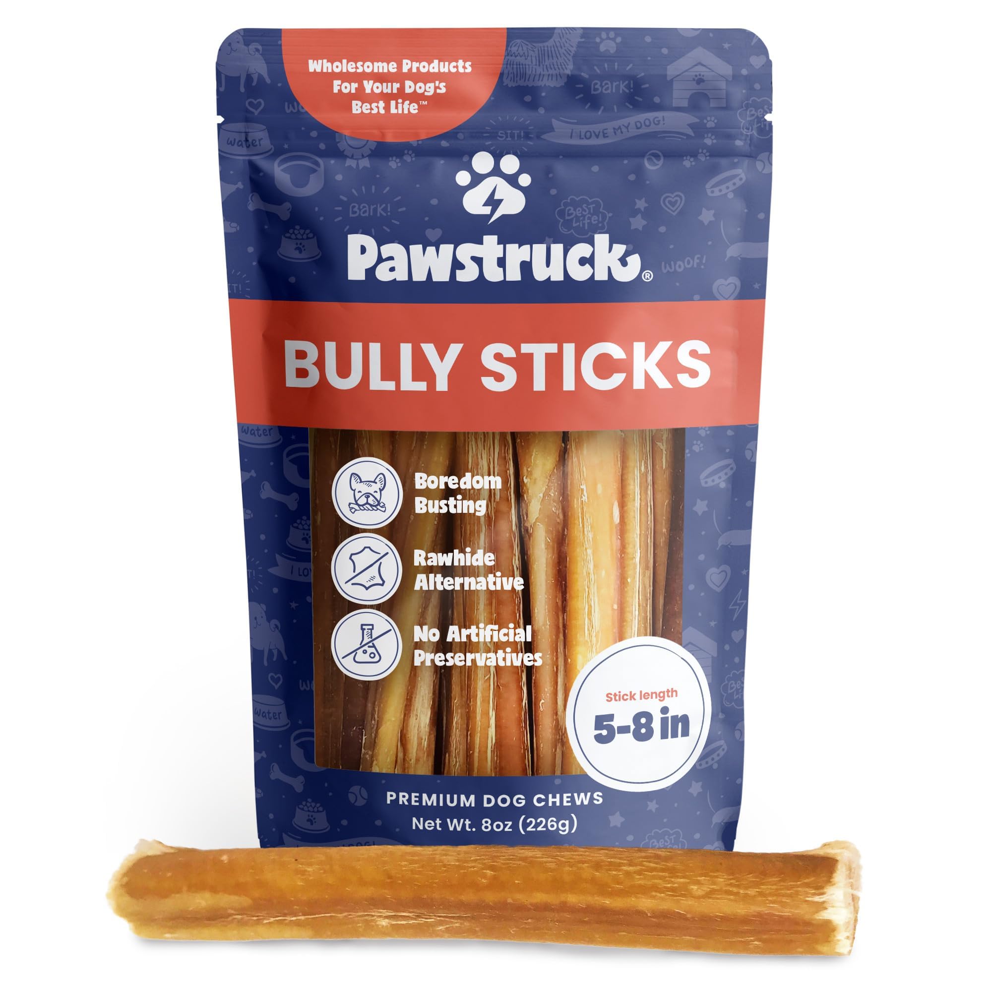 Pawstruck natural bully sticks packaging design highlights consistency and value for dogs.