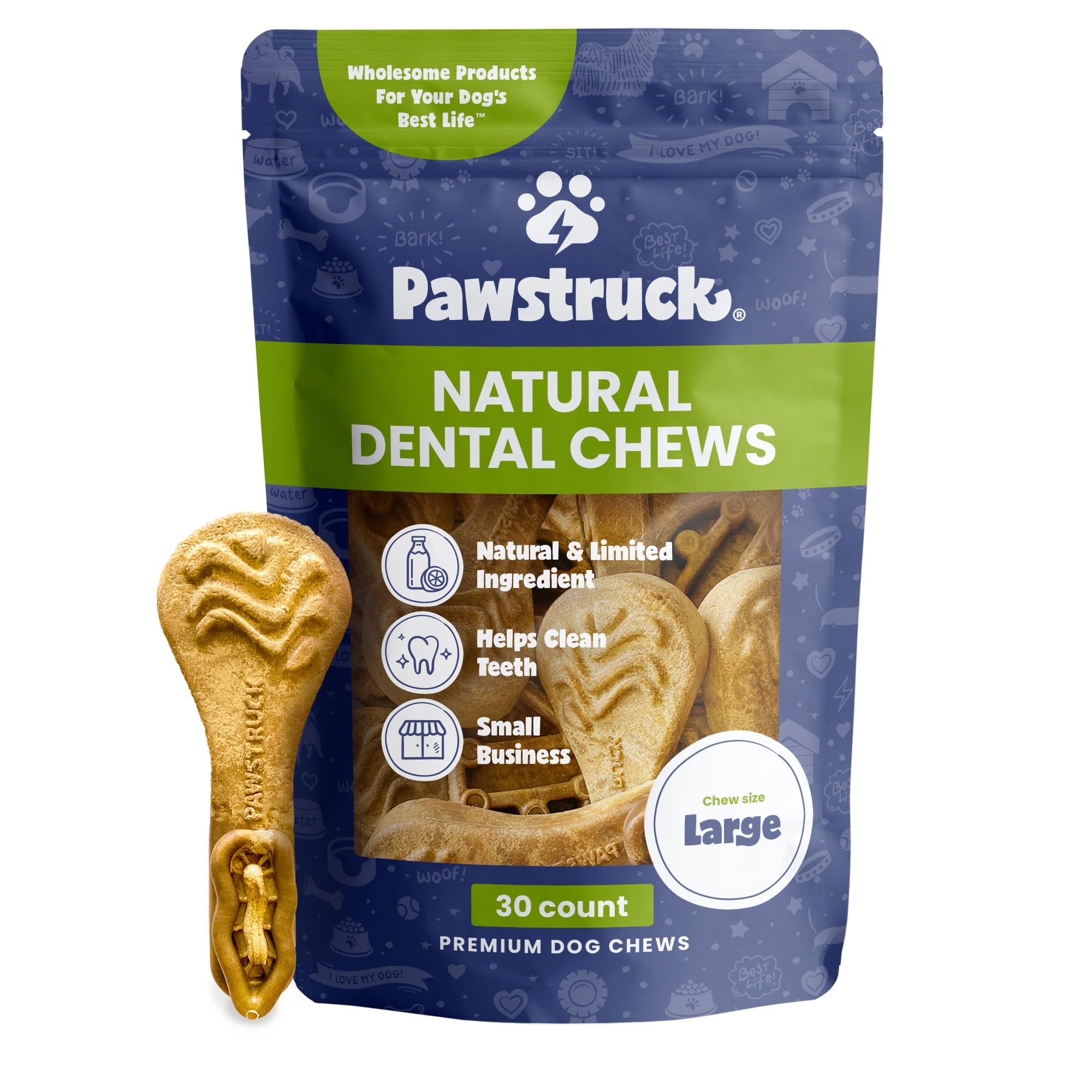 Pawstruck natural dental chews packaging highlights USA-made quality and fresh breath potential.