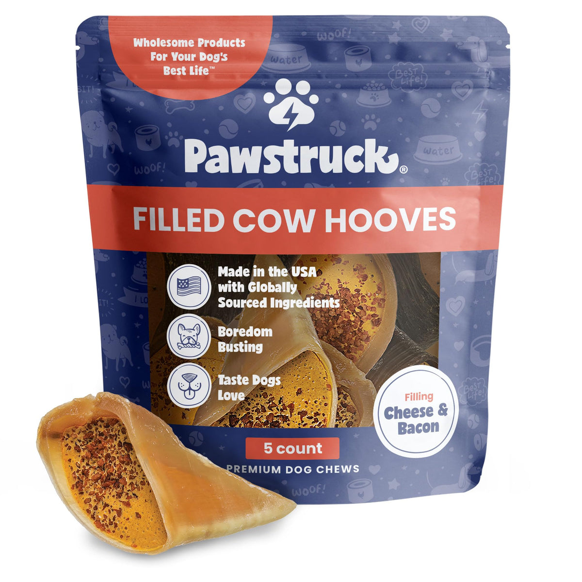 Pawstruck packaging varies while preserving a premium cheese and bacon filled cow hoof chew.