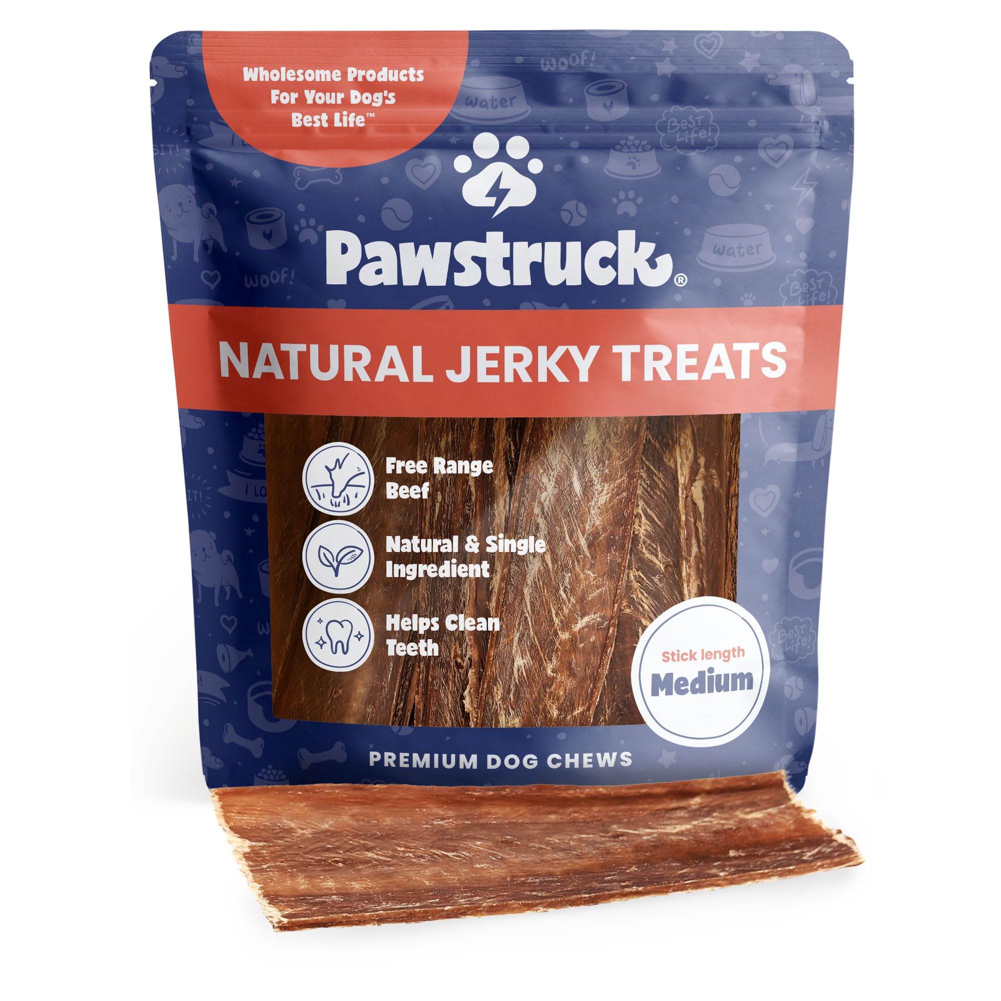 Pawstruck Premium beef jerky dog treat strips for long-lasting chewing.