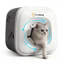 PawSwing cat self-groomer 360 brush captures loose fur and reduces shedding