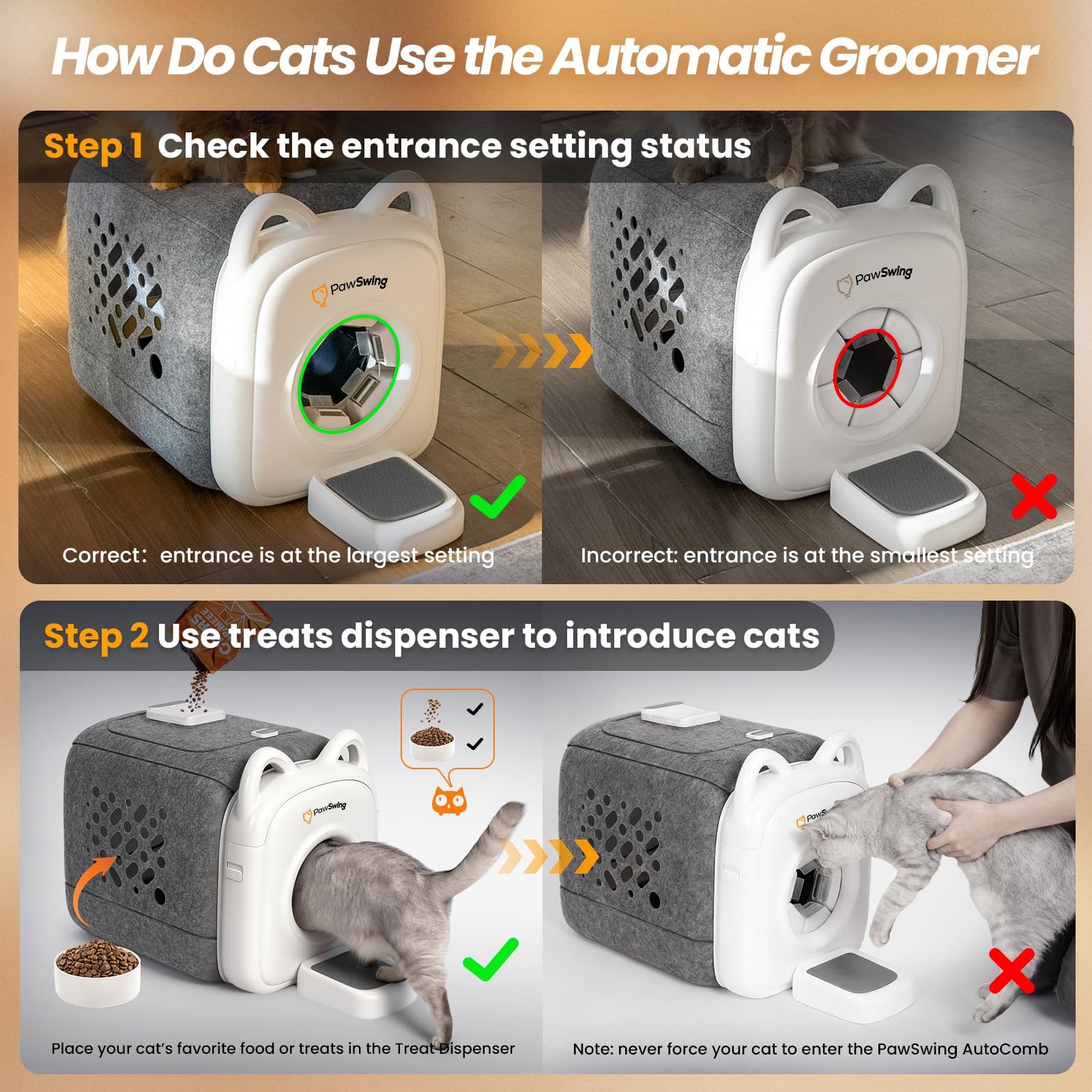 PawSwing cat self-groomer pro treat-dispenser-base tracks entries and grooming events