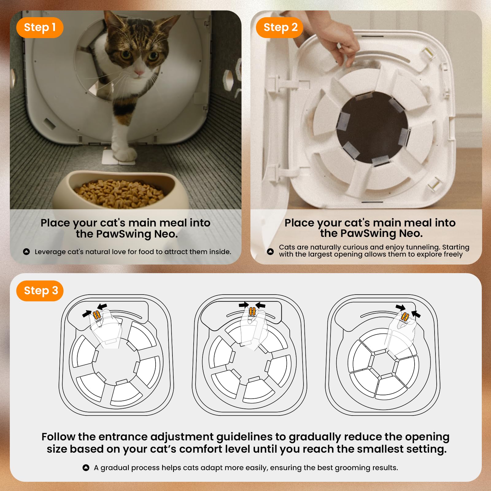 PawSwing included food bowl attracts cats to enter for grooming