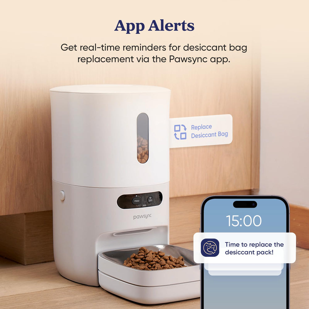 Pawsync app alerts for desiccant replacement to preserve freshness