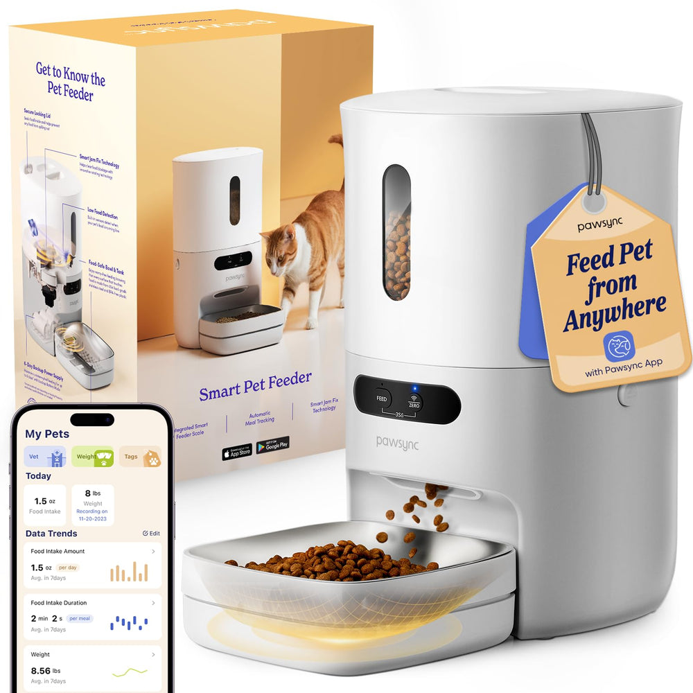Pawsync automatic feeder front view showing scheduled dispensing for pets