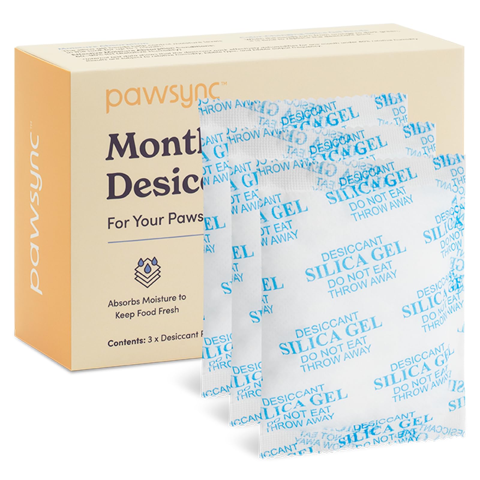 Pawsync 3-pack desiccant with freshness reminder beside dry pet food