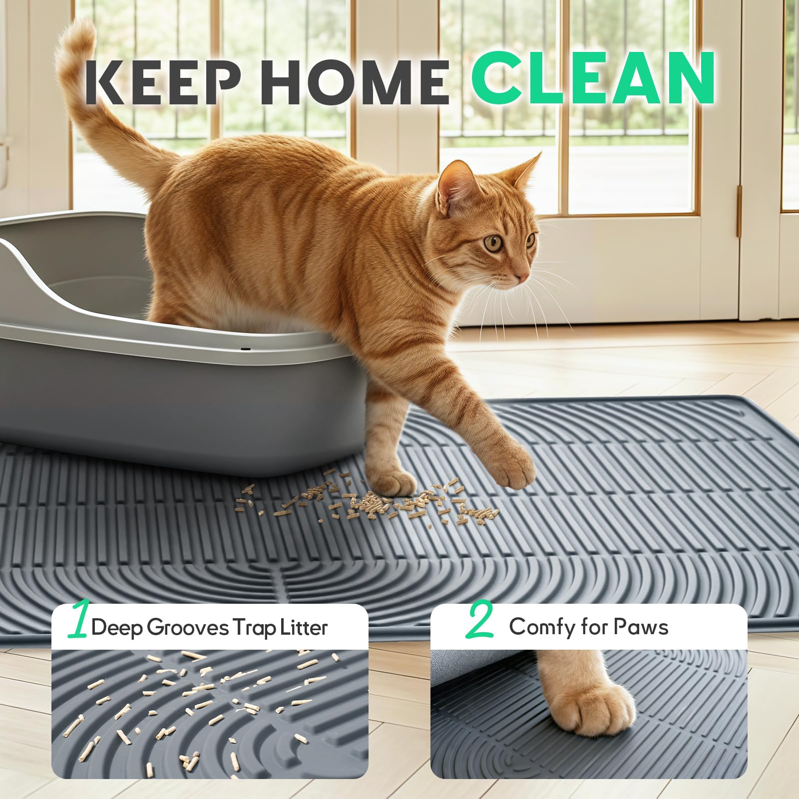 Pawtasy silicone litter mat protects paws and traps litter efficiently.
