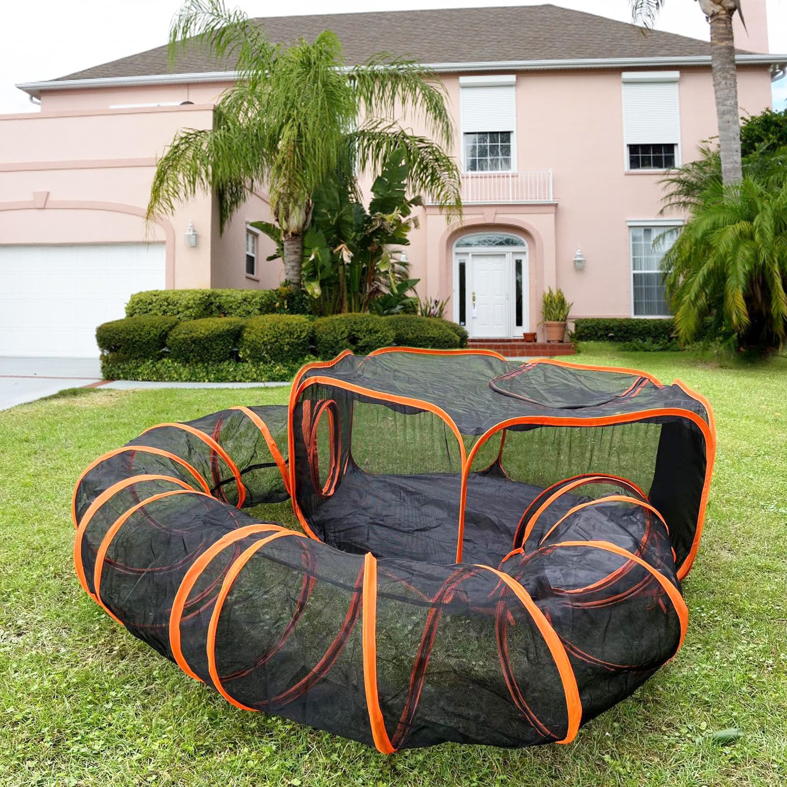 Pawtenda hexagonal tent enclosure for outdoors shows a secure play space with ventilation.