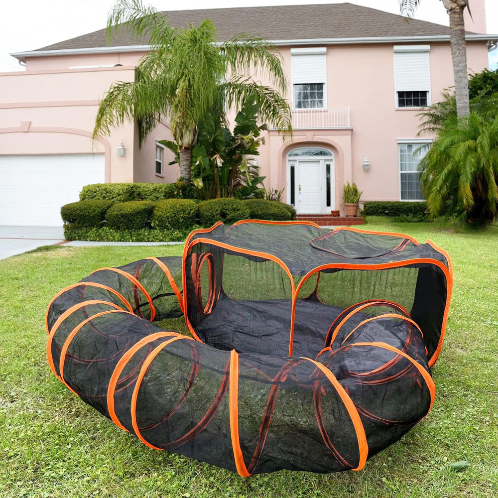 Pawtenda hexagonal tent enclosure for outdoors shows a secure play space with ventilation.