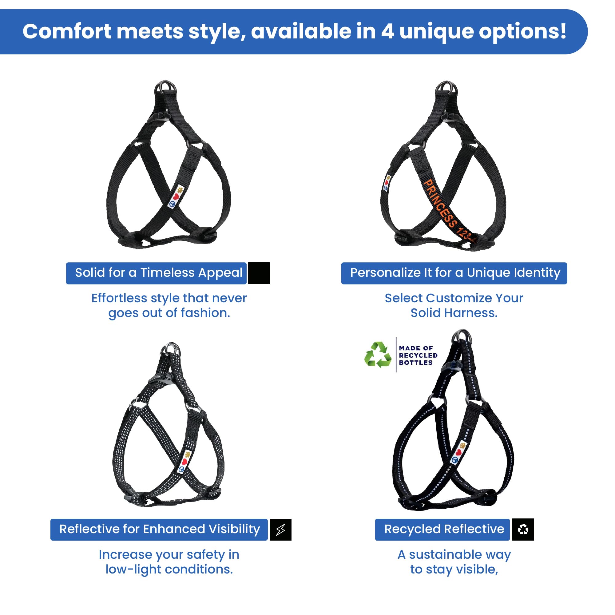 Pawtitas Solid Step-in Harness reflective strips boost visibility during evening strolls.