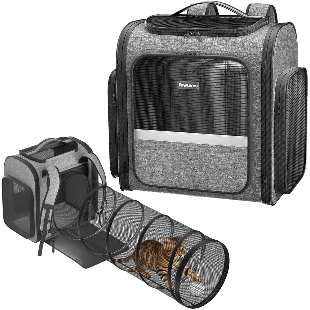 Pawtners cat backpack expandable tunnel provides extra space for your cat to play during outings