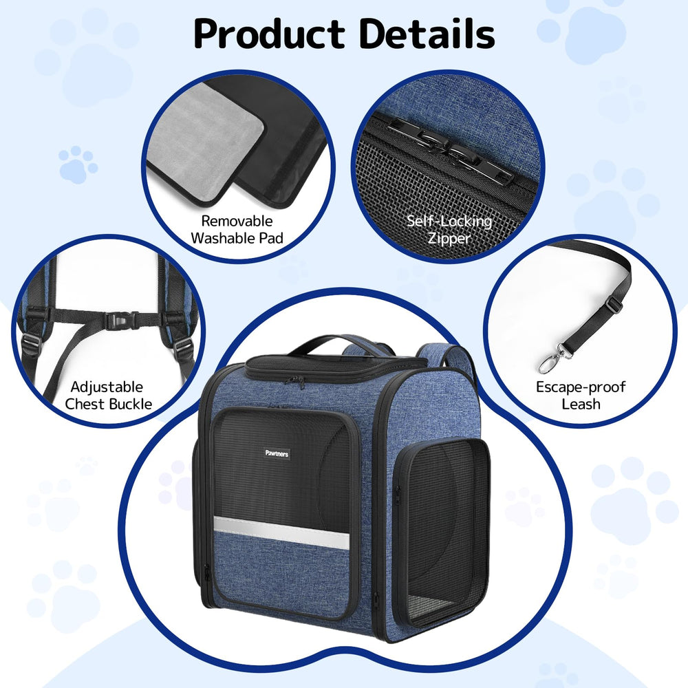 Pawtners cat backpack safety-leash helps prevent escapes during outings.