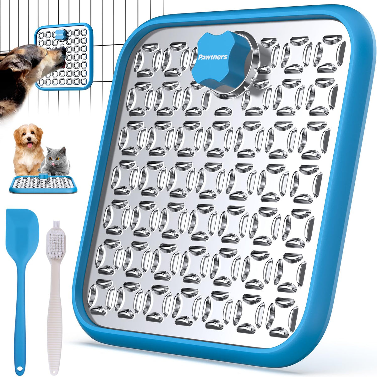 Pawtners lick mat close-up on stainless steel surface for slow feeding.