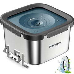 Pawtners no-spill 4.5L blue bowl keeps floors dry and pets hydrated.