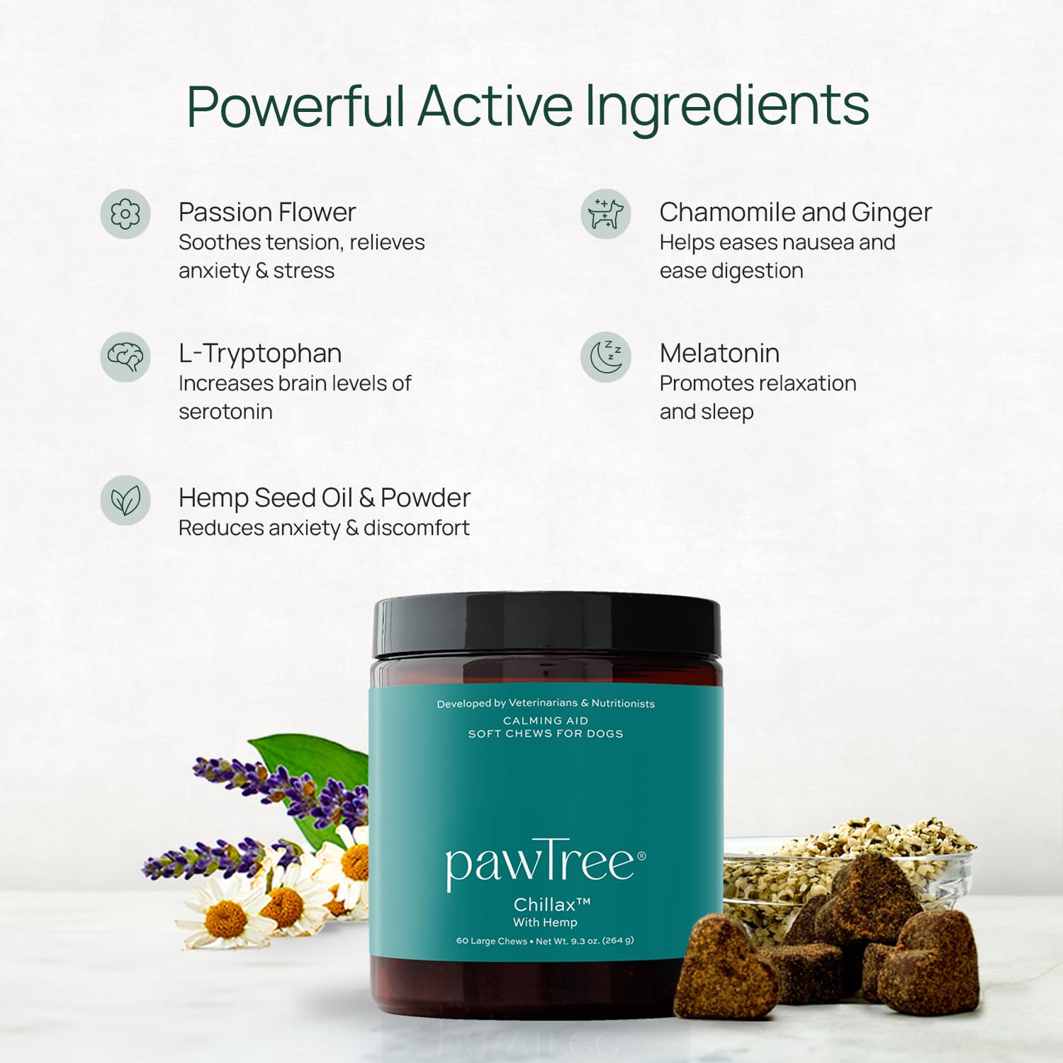 Close-up of pawTree Chillax ingredients with hemp oil and botanicals.