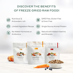 pawTree Freeze-Dried Raw Beef Recipe close-up of beef, salmon oil, and greens.
