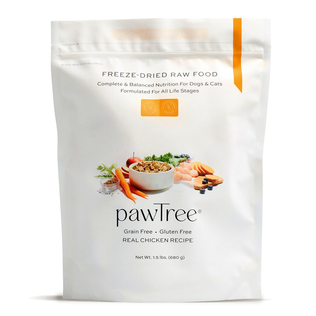 pawTree Freeze-Dried Raw Chicken Recipe bag offers shelf-stable nutrition for on-the-go feeding.