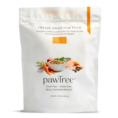 pawTree Freeze-Dried Raw Chicken Recipe bag offers shelf-stable nutrition for on-the-go feeding.