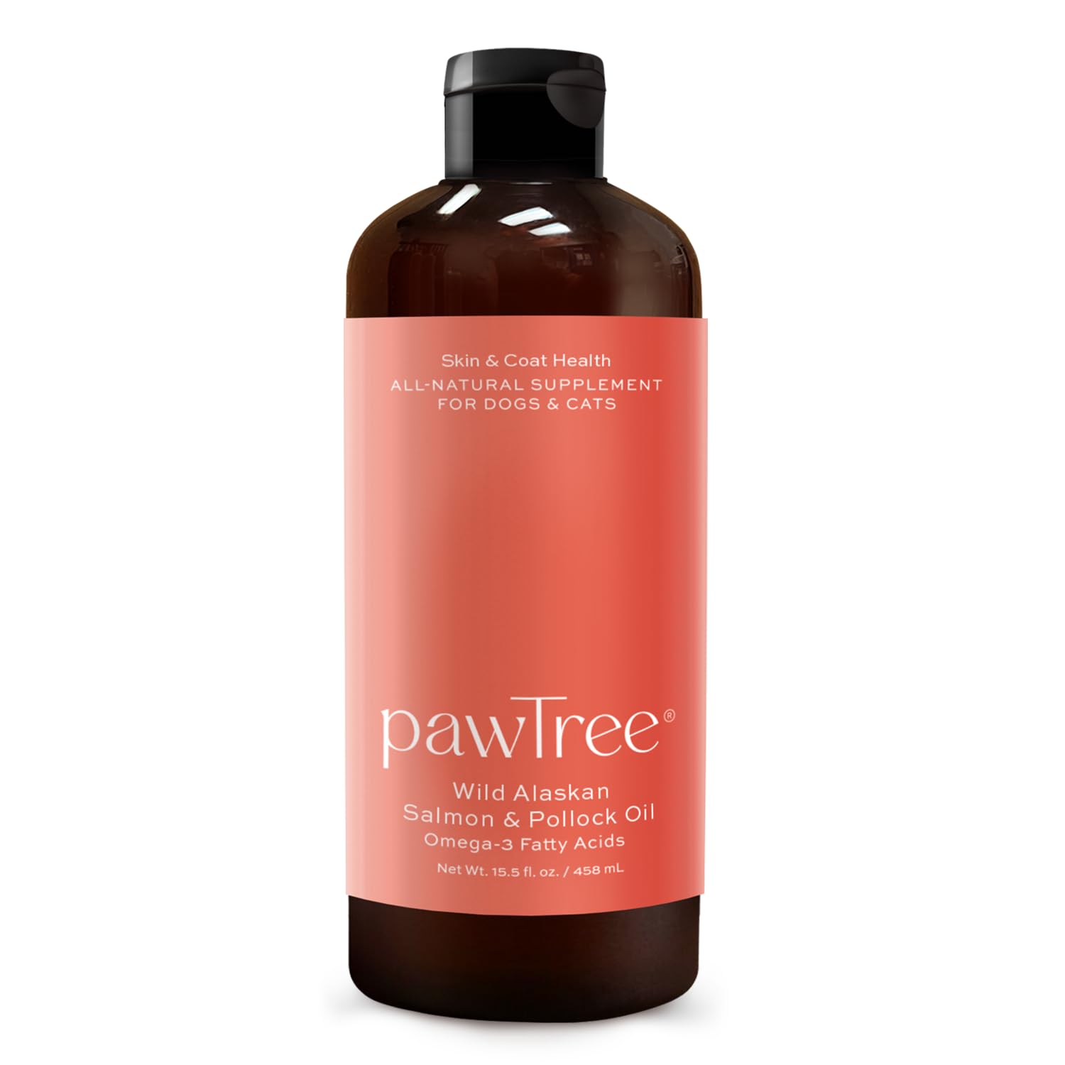 pawTree Salmon Oil bottle pour showing easy dosing and coat support for pets