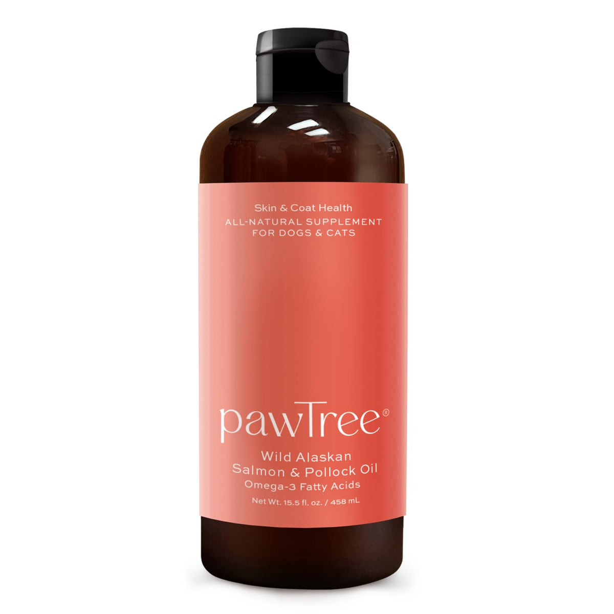 pawTree Salmon Oil bottle pour showing easy dosing and coat support for pets