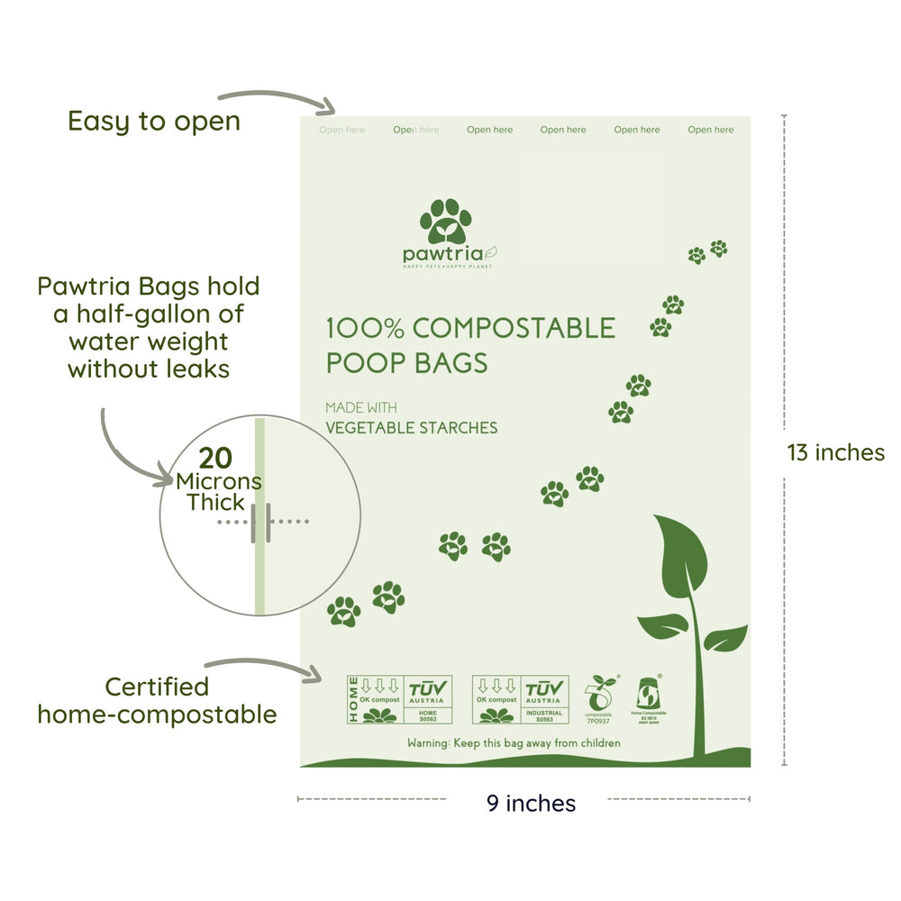 Pawtria 9x13-inch dog waste bags sized for standard dispensers.