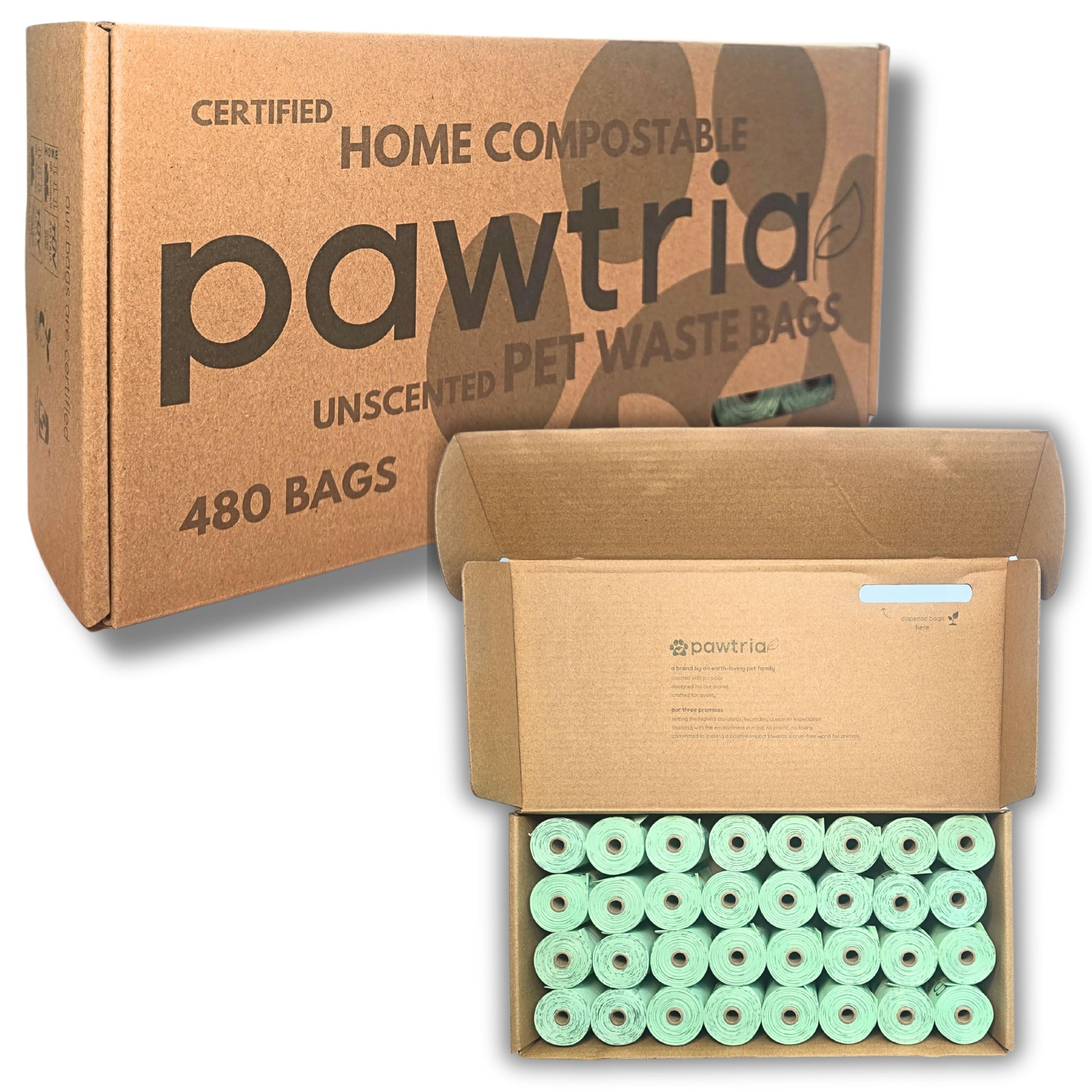 Pawtria biodegradable dog poop bags in a 480-pack for eco-friendly waste management.