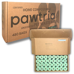 Pawtria biodegradable dog poop bags in a 480-pack for eco-friendly waste management.
