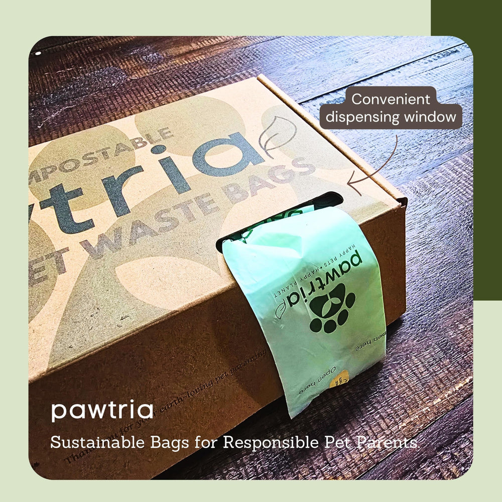 Pawtria leak-proof and odor-proof bags on a walk-ready roll.
