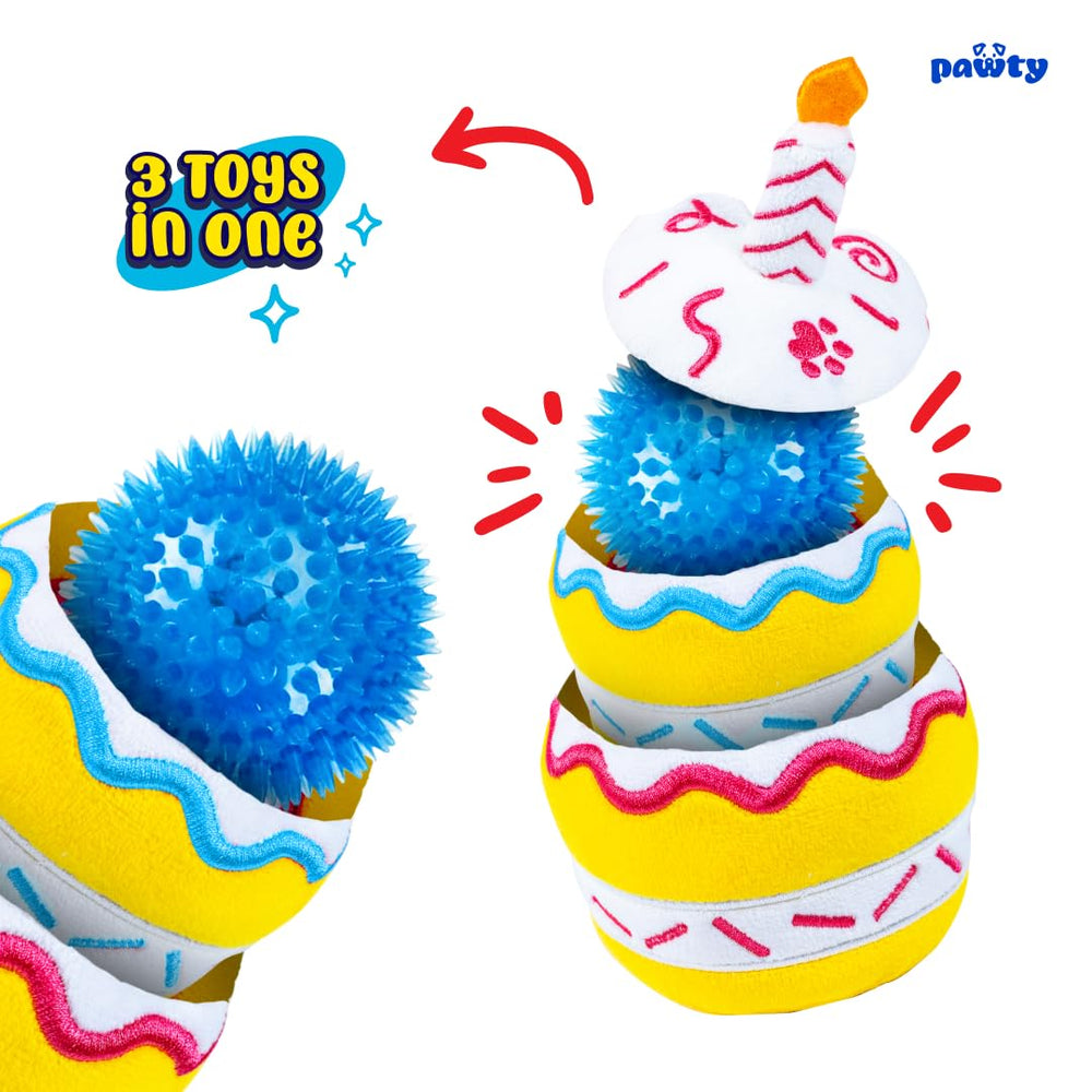 PAWTY Birthday Cupcake Toy built-in squeaker boosts interactive play