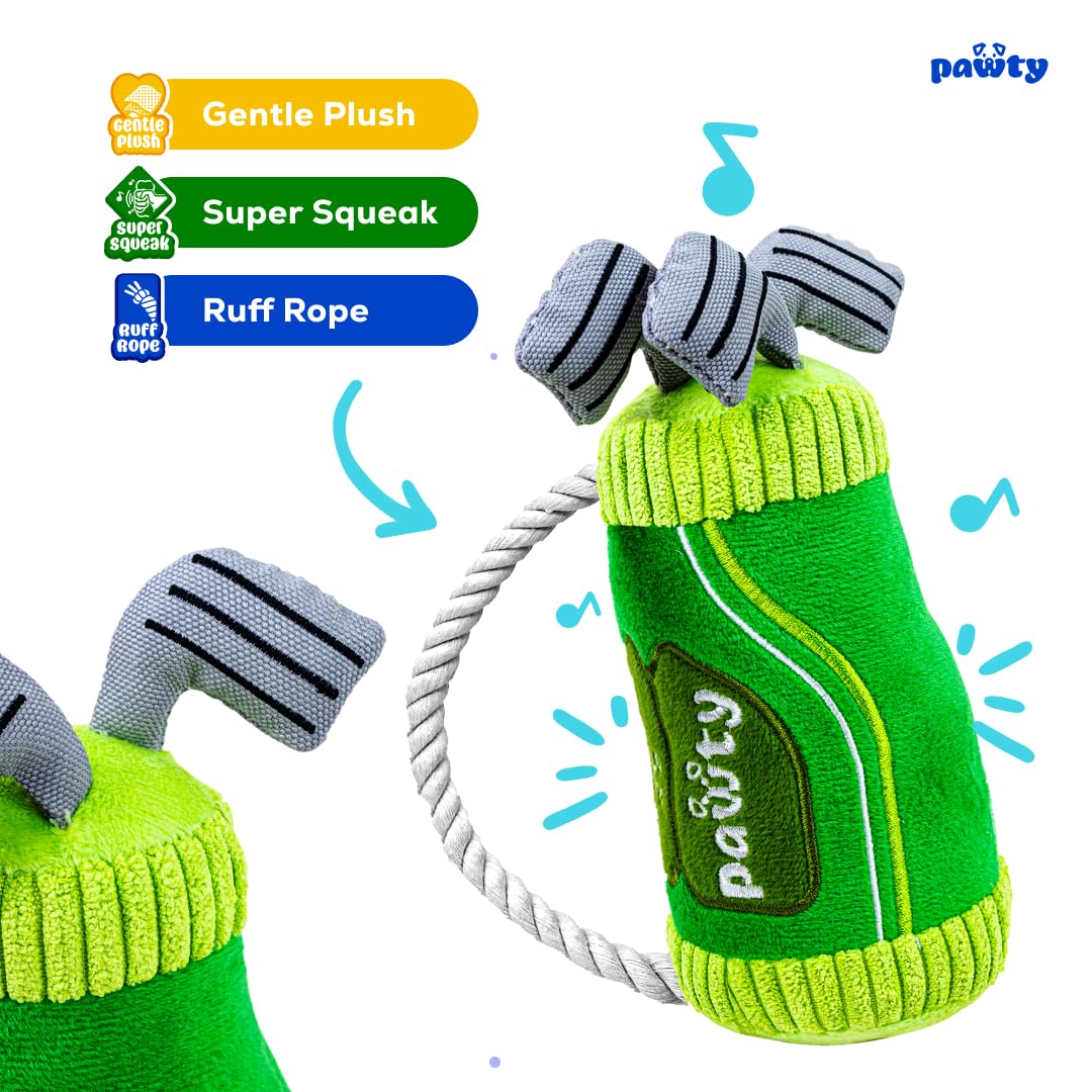 Pawty Golf Bag Plush Dog Toy features rope handle for interactive bonding during play