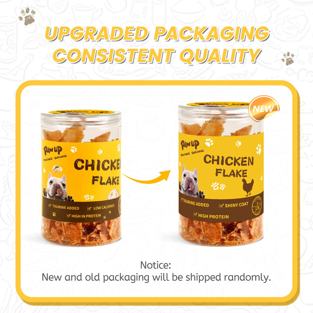PAWUP Chicken Jerky Crisp Flakes canister sealed for freshness.