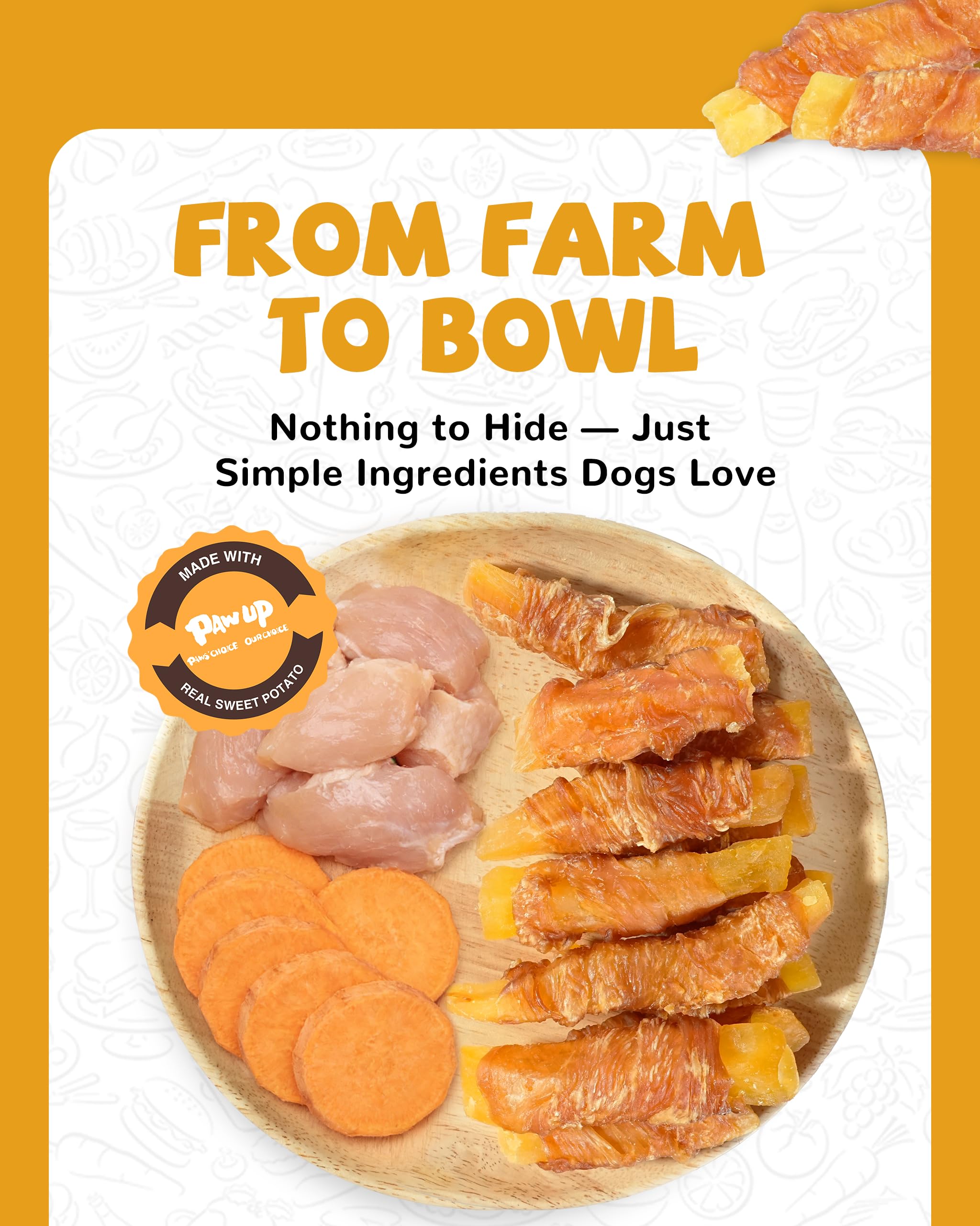 Close-up of PAWUP chicken jerky wrapped sweet potato snack.