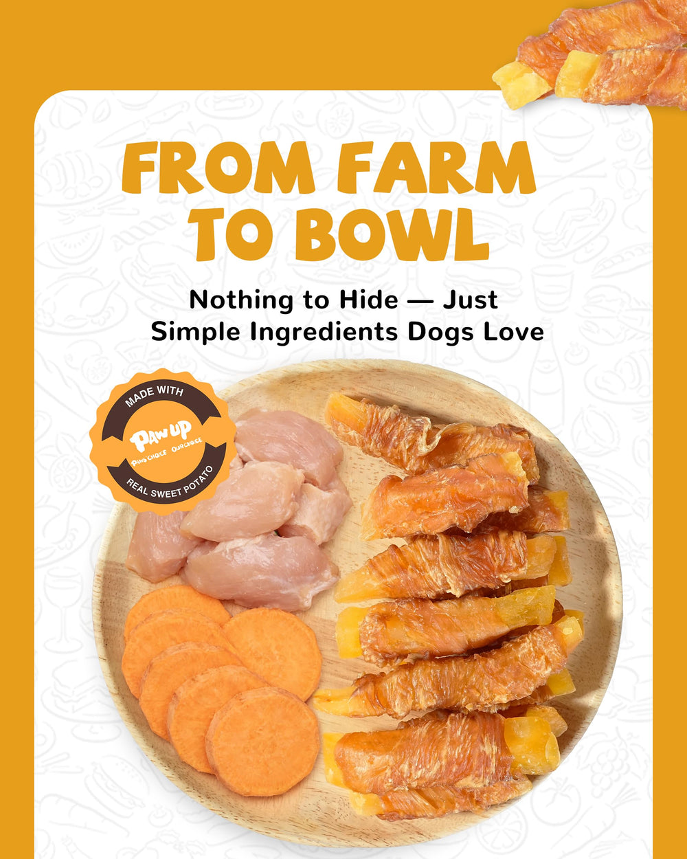 Close-up of PAWUP chicken jerky wrapped sweet potato snack.