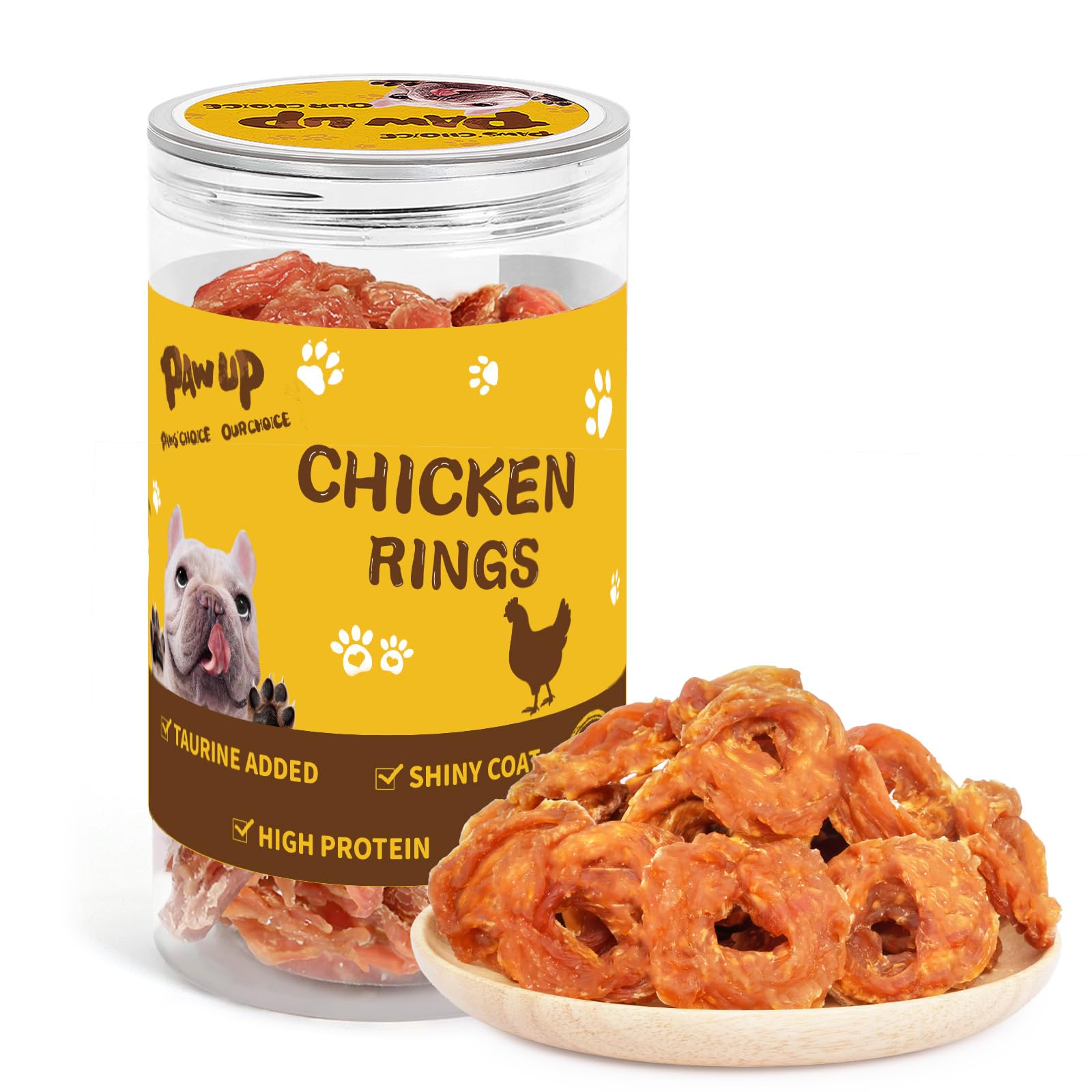 PAWUP Chicken Rings packaging, clean, high-protein dog treat.