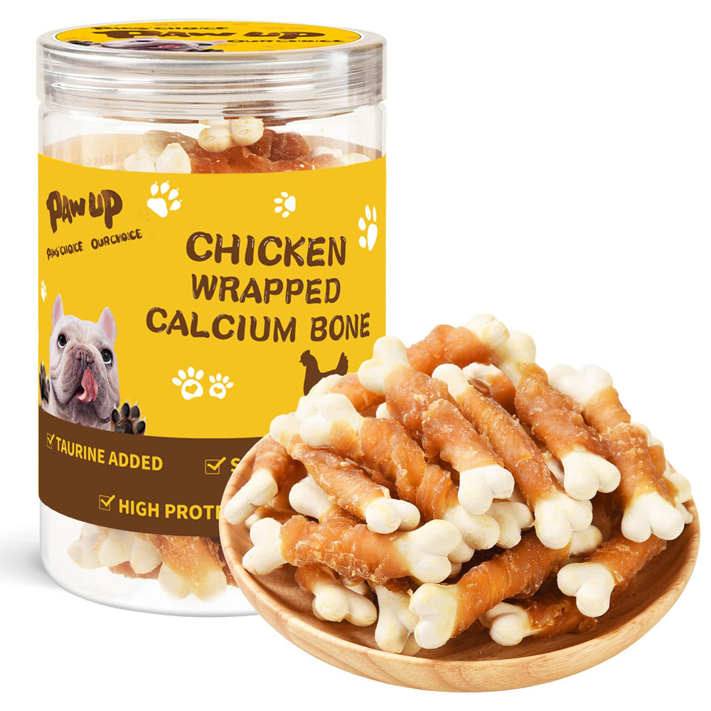 PAWUP chicken-wrapped puppy chew bone for teething relief and tasty rewards.