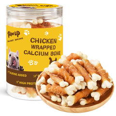 PAWUP chicken-wrapped puppy chew bone for teething relief and tasty rewards.