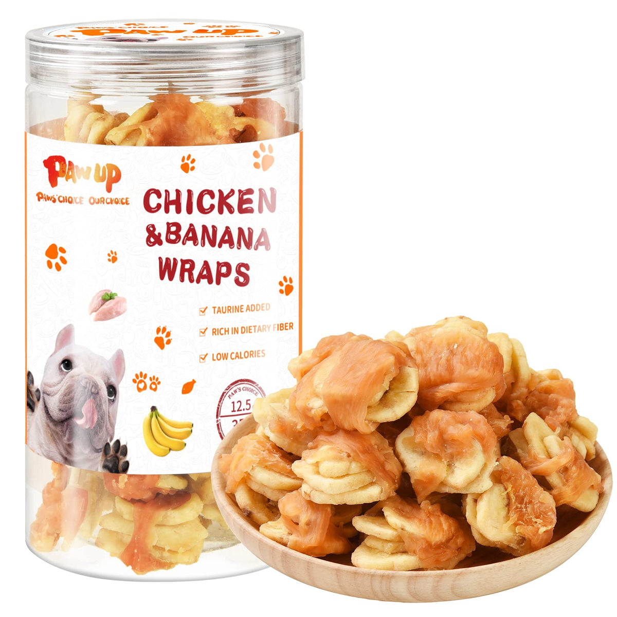 PAWUP chicken-wrapped banana slice packaging with resealable lid for fresh storage.