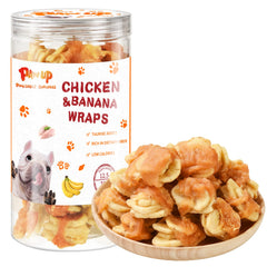 PAWUP chicken-wrapped banana slice packaging with resealable lid for fresh storage.