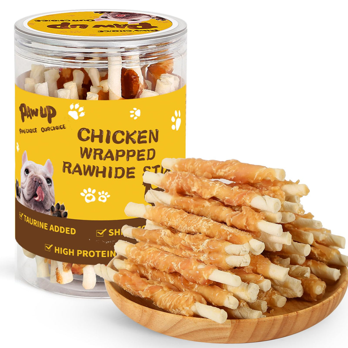 PAWUP chicken wrapped rawhide stick packaging for long lasting chews.