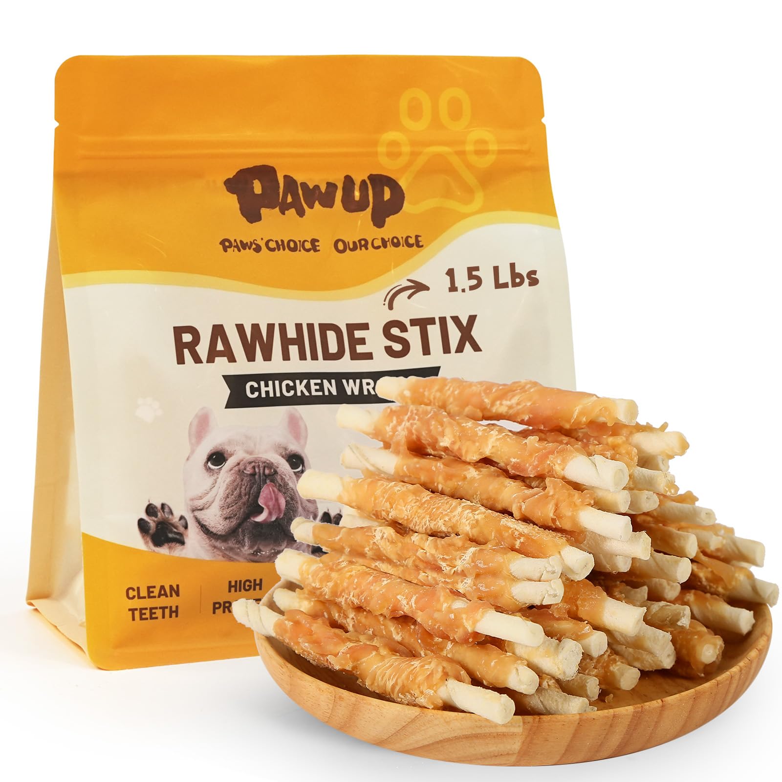 PAWUP packaging of chicken wrapped rawhide sticks for easy storage.