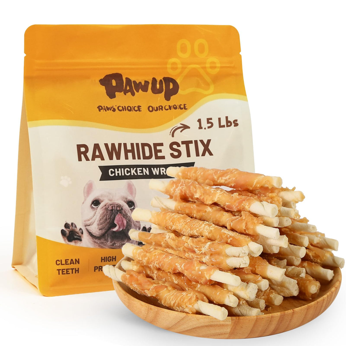 PAWUP packaging of chicken wrapped rawhide sticks for easy storage.