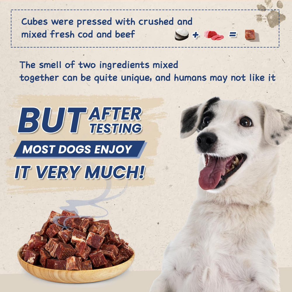 PAWUP cod-beef-cubes closeup texture highlighting chewy, protein-rich bites