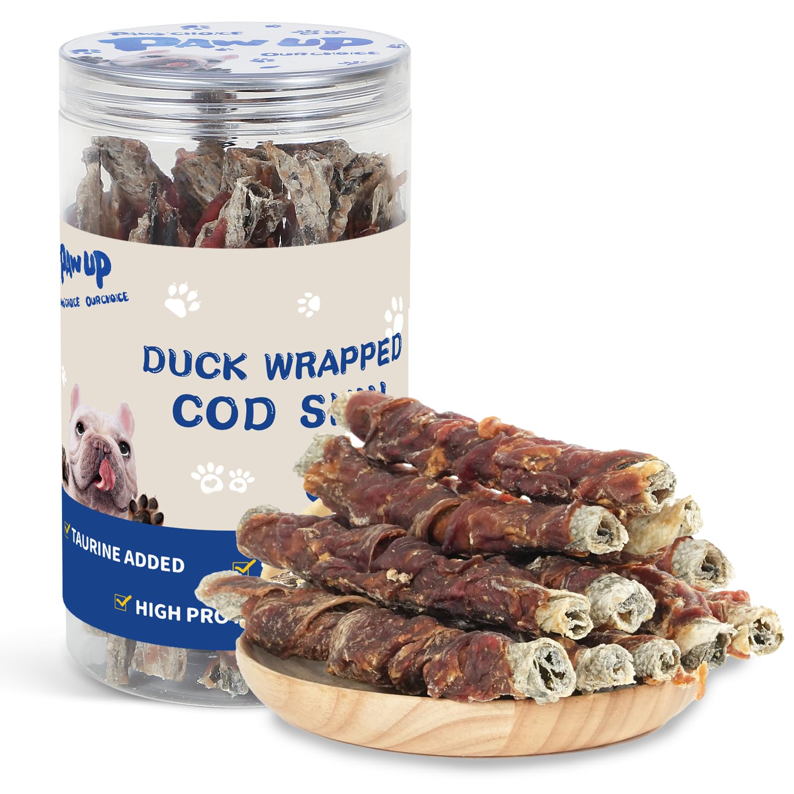 PAWUP cod skin treats packaging showing natural ingredients and taurine