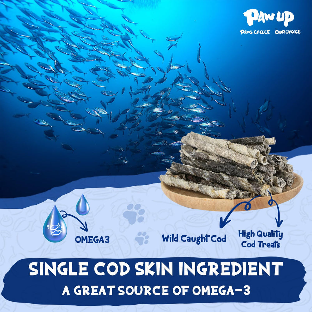 PAWUP Cod Skin Rolls close view emphasizes omega-3 rich skin snack