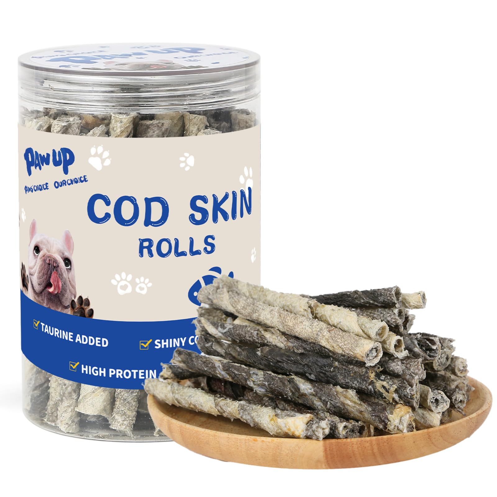 PAWUP Cod Skin Rolls packaging highlights grain-free ingredients for dogs