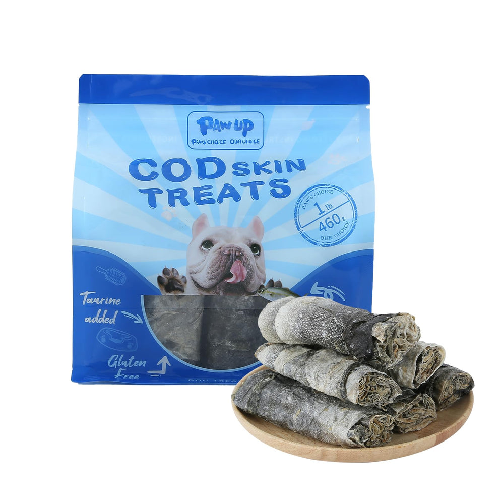 PAWUP Cod Skin Treats package, natural fish rolls for dogs supporting a healthy coat.