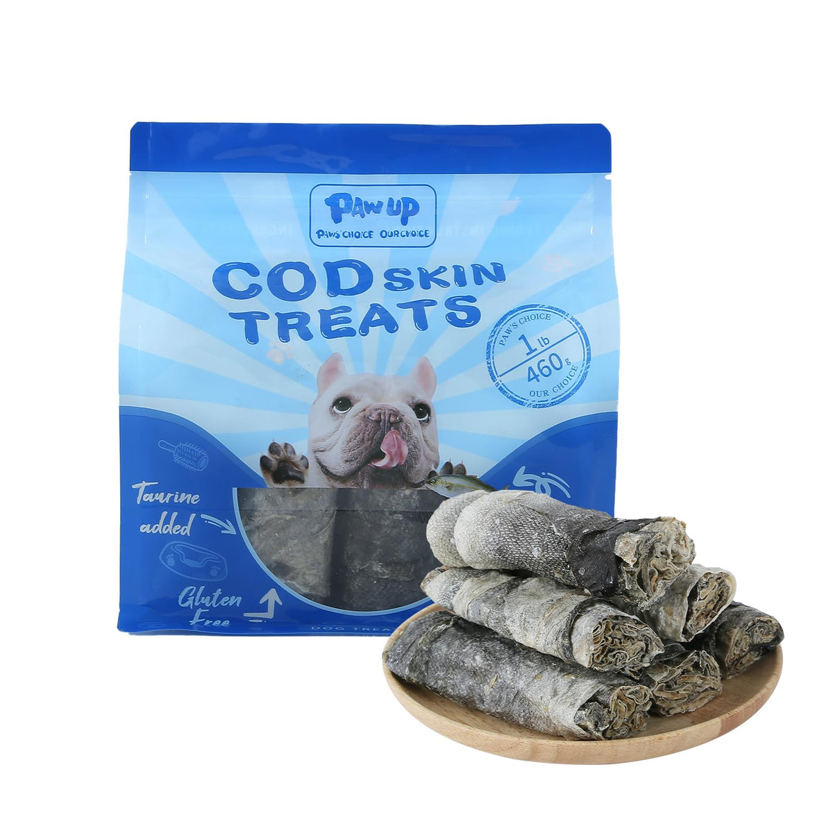 PAWUP Cod Skin Treats package, natural fish rolls for dogs supporting a healthy coat.