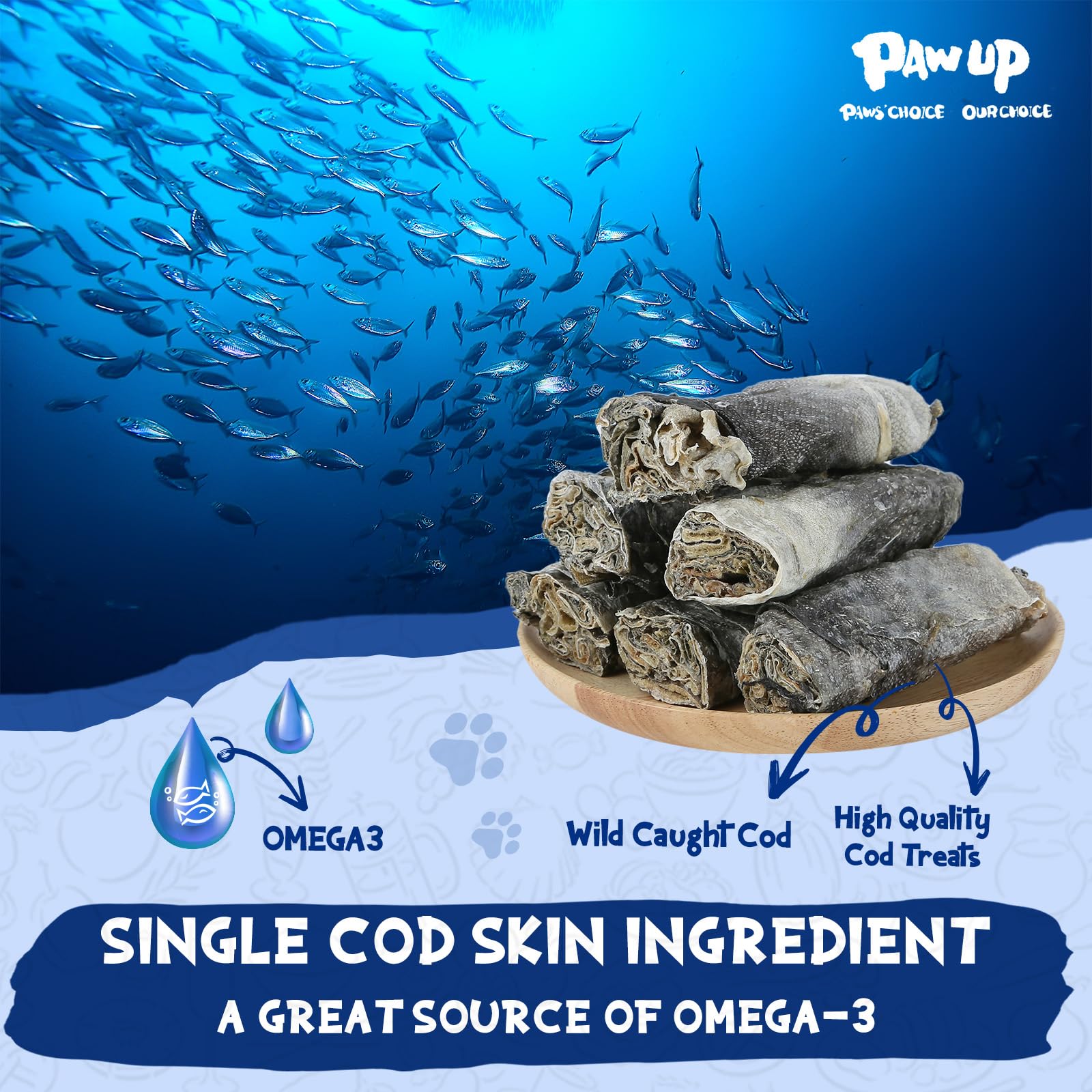 PAWUP Cod Skin Treats taurine visual, added taurine supports heart and eye comfort.